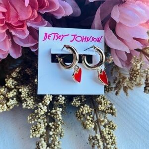 Betsey Johnson Gold Tone Heart Huggie Hoop Earrings Red Heart Drop NWT